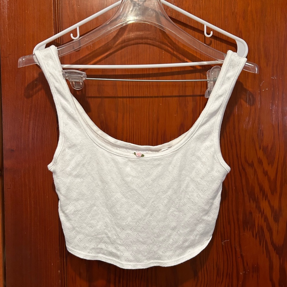 White pointelle rose accent Women's Top